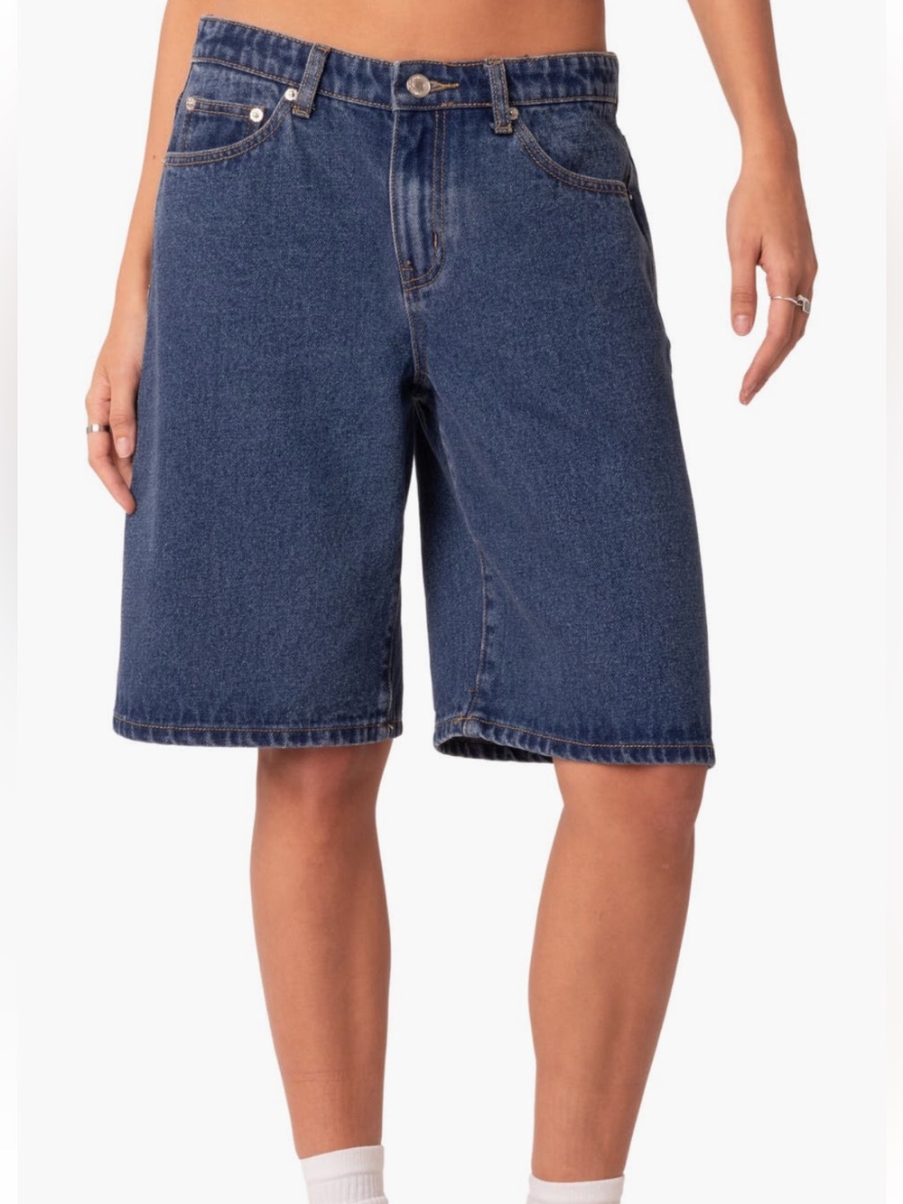 Edikted Relaxed Denim Bermuda Shorts - Dark Blue Wash